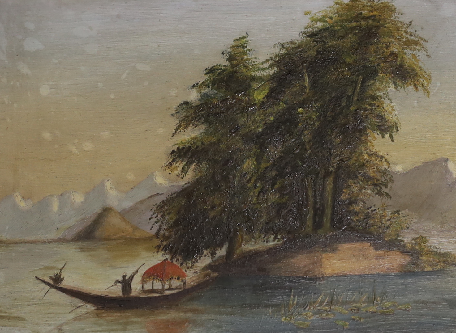 Eastern School, oil on board, Landscape with figure and boat, 12 x 17cm, ornate gilt frame